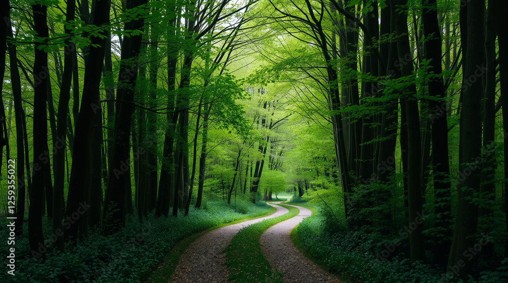 Obraz premium Walkway in a green spring beech forest in Leuven, Belgium. Beautiful natural tunnel. Atmospheric landscape. Eco tourism, travel destinations, environmental conservation, pure nature 