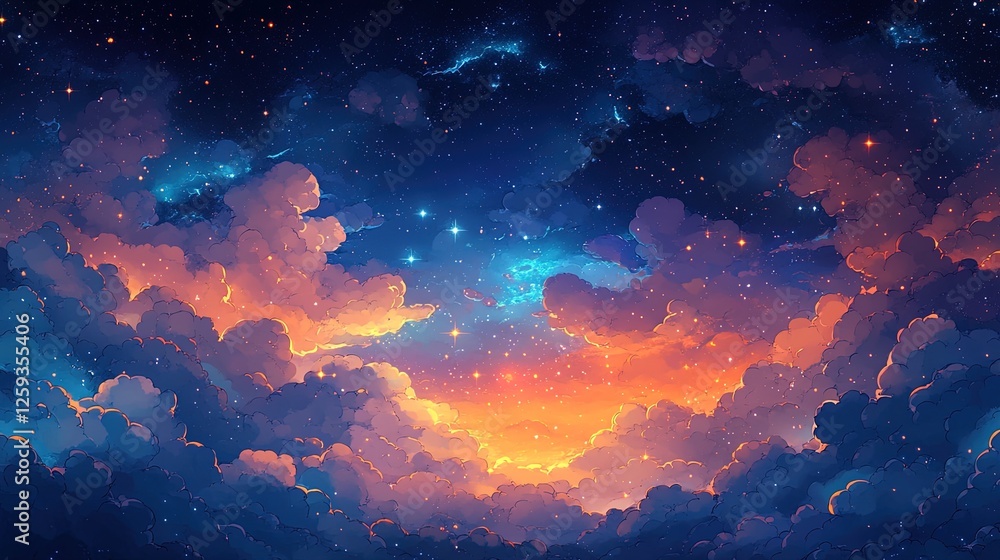 Abstract space design featuring bright cosmic clouds, glowing stars, and deep blue voids Abstract space design featuring bright cosmic clouds, glowing stars, and deep blue voids