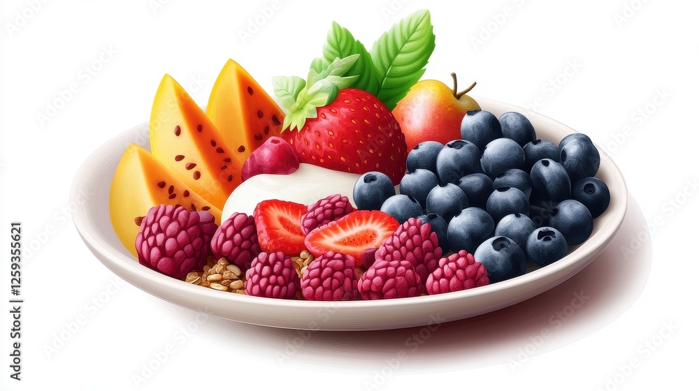 A healthy breakfast plate, fresh fruits, granola, yogurt, 3D illustration, vibrant colors, isolated on white background. A healthy breakfast plate, fresh fruits, granola, yogurt, 3D illustration, vibrant colors, isolated on white background.