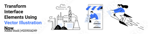 Factory emitting smoke, e-commerce app with storefront, and person flying on futuristic device. Ideal for technology, commerce, innovation, environment, creativity, business flat landing page banner