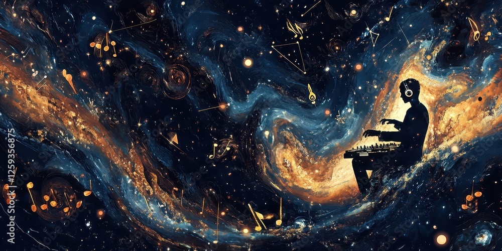 Fototapeta premium Musician plays keyboard in the vastness of space