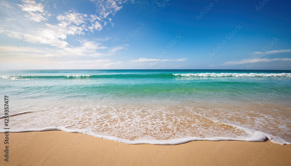 Fototapeta premium serene beach with calm waves gently lapping shore, evoking peace and relaxation