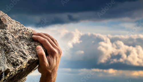 lone climber hand gripping jagged rock edge symbolizes perseverance against dramatic sky