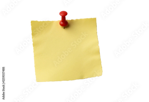 Yellow Sticky Note Pinned with a Red Pushpin, Ideal for Office and Reminder Designs photo