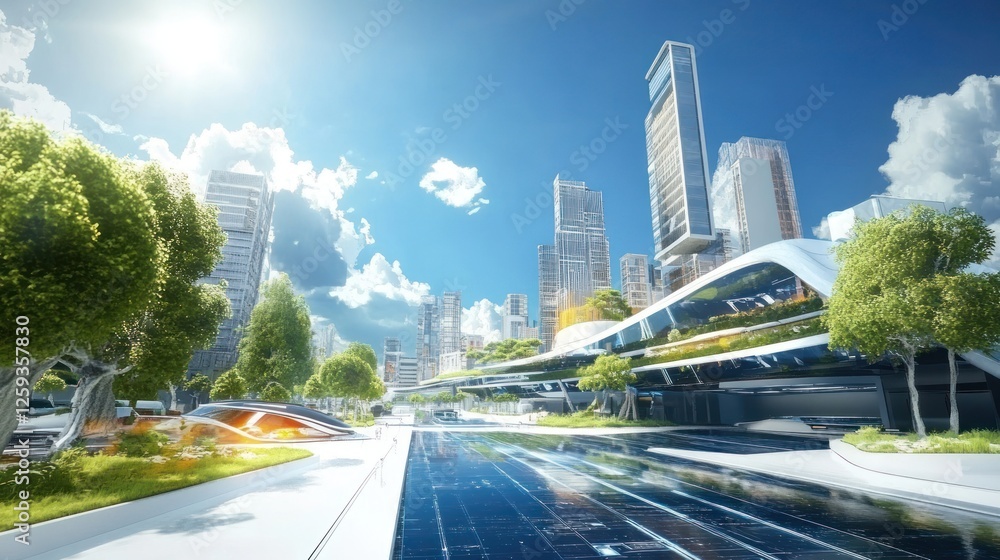 Fototapeta premium Futuristic Cityscape Green Urban Design Eco Friendly Transportation
