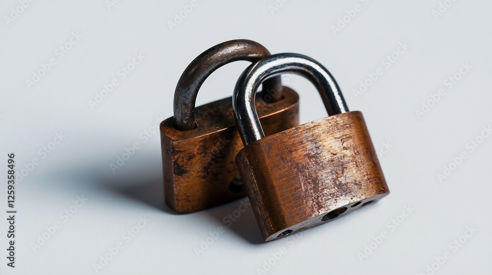 Pair Of Open Padlocks Overlapping On A White Surface With Texture Pair Of Open Padlocks Overlapping On A White Surface With Texture