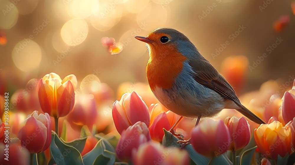 A beautiful close up of a delicate bird perched on the edge of a tulip bouquet with soft sunlight filtering through A beautiful close up of a delicate bird perched on the edge of a tulip bouquet with soft sunlight filtering through