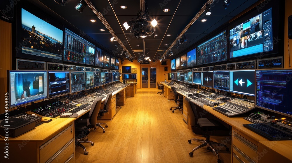 Obraz premium Broadcast control room, monitors, editing, studio, lights, technology, workflow, production