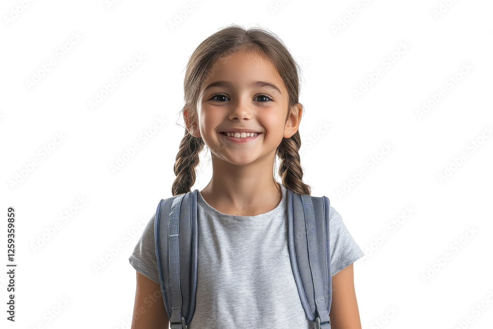 Portrait of smiling school girl with braids isolated on white or transparent, PNG Portrait of smiling school girl with braids isolated on white or transparent, PNG