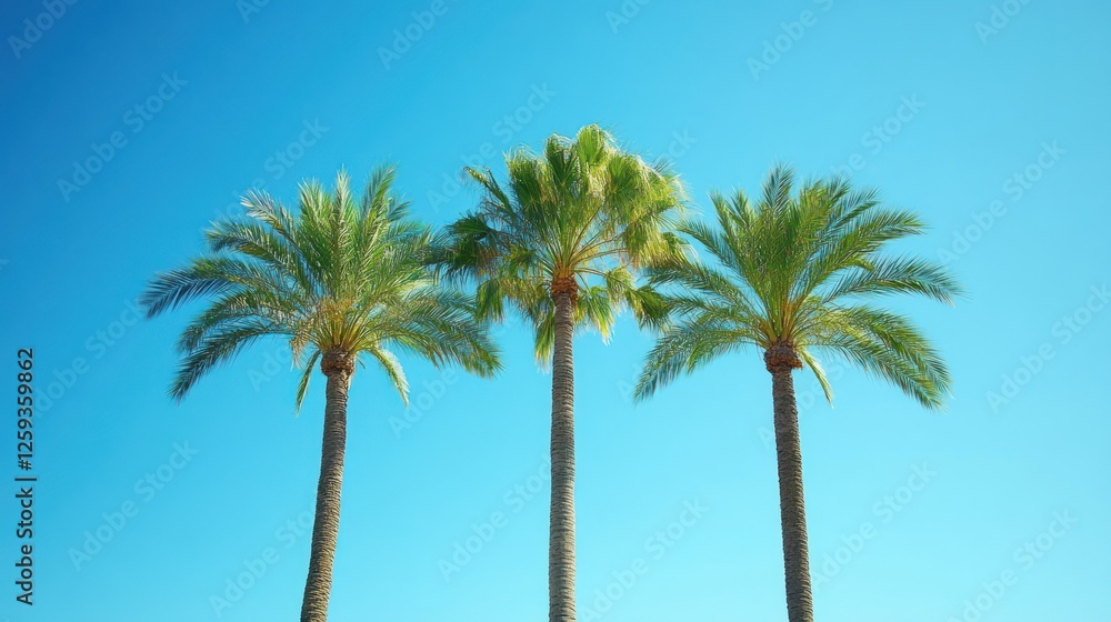 Three palm trees against a clear blue sky. Summer vacation travel poster Three palm trees against a clear blue sky. Summer vacation travel poster