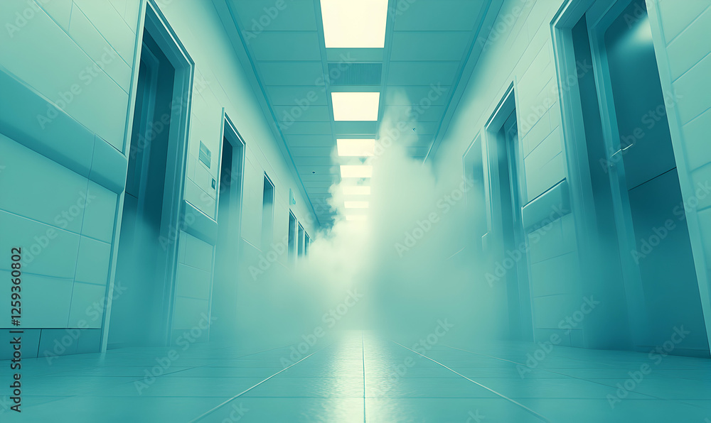 Obraz premium Mysterious fog-filled hospital corridor, long perspective, doors, teal tones, unsettling atmosphere, suspense, mystery, medical, healthcare, eerie.
