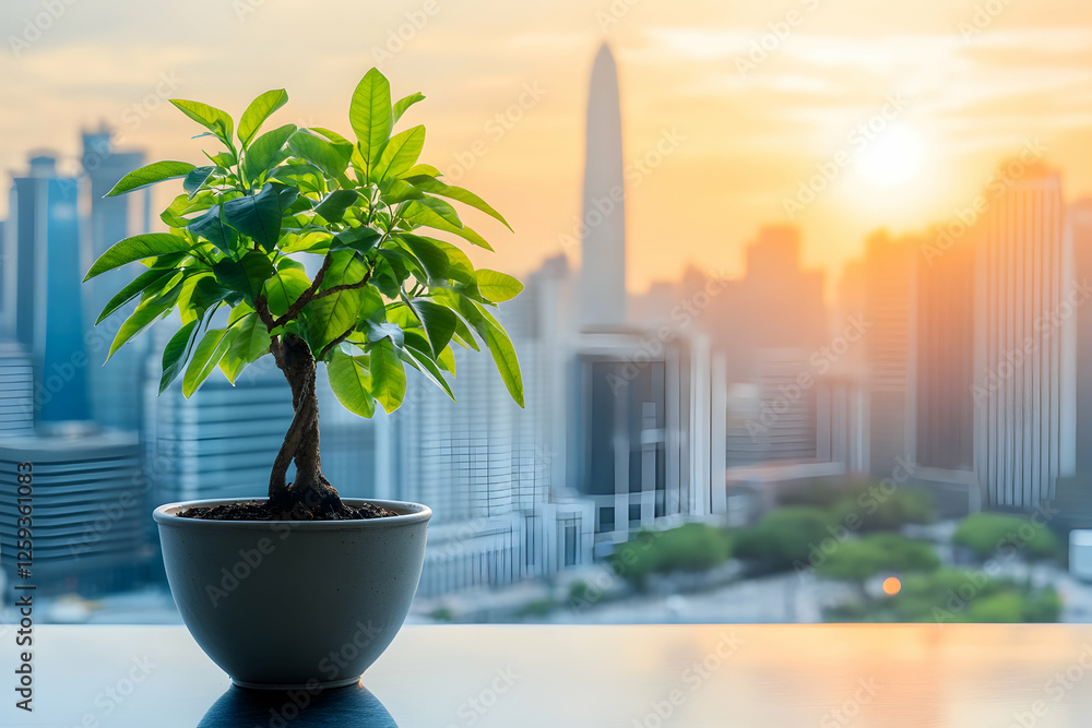 Fototapeta premium Serene bonsai tree in pot, vibrant green leaves against a blurred cityscape sunset backdrop. Ideal for themes of peace, growth, and urban nature.