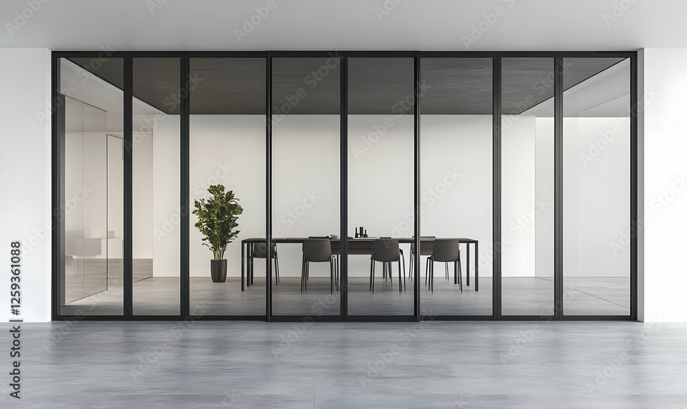 Fototapeta premium Modern office interior design featuring sleek black framed glass partitions, showcasing a minimalist meeting room with dark furniture and a polished concrete floor.