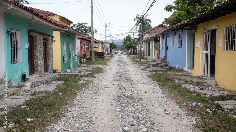 Fototapeta premium Colorful houses line a quiet dirt road in a rural village during the day.
