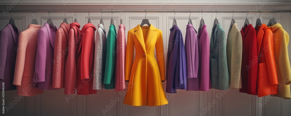 A vibrant display of colorful coats hanging on hangers, featuring a standout yellow coat in the center. A vibrant display of colorful coats hanging on hangers, featuring a standout yellow coat in the center.