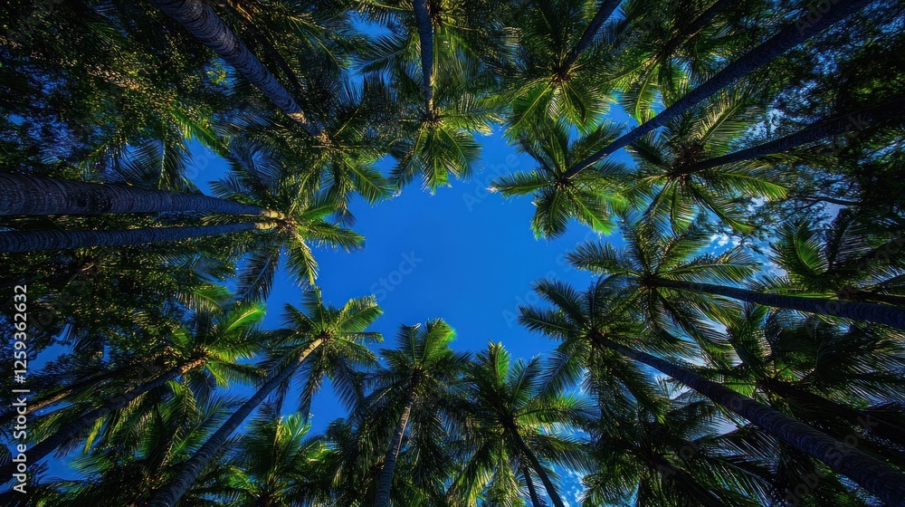 Tropical palm trees, sky view, clear blue, vacation background Tropical palm trees, sky view, clear blue, vacation background