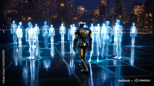 Futuristic Robot and Holograms in Urban Night Scene
