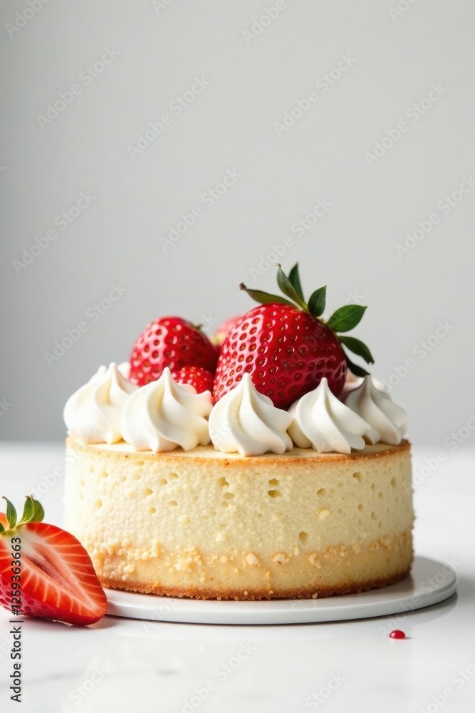 Delicious creamy dessert topped with fresh strawberries and whipped cream, perfect for a special occasion Delicious creamy dessert topped with fresh strawberries and whipped cream, perfect for a special occasion