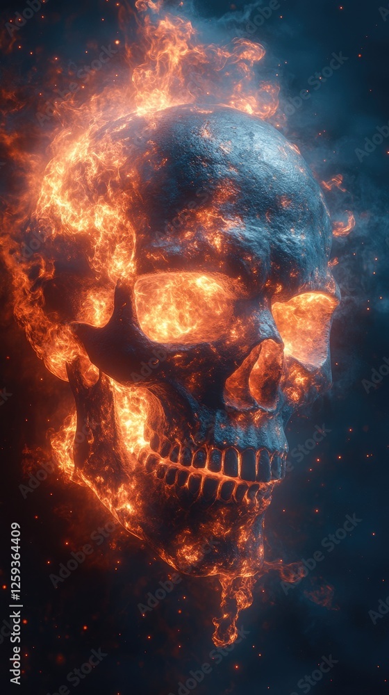 Fiery skull illuminated against a dark smoky background, symbolizing transformation and intensity Fiery skull illuminated against a dark smoky background, symbolizing transformation and intensity