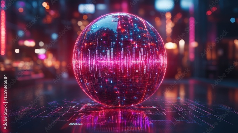 Futuristic glowing sphere with digital data patterns in a vibrant urban setting at night Futuristic glowing sphere with digital data patterns in a vibrant urban setting at night