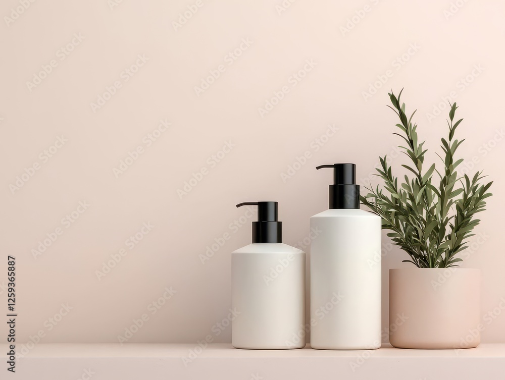 Minimalistic skincare bottles beside a potted plant on a shelf. Minimalistic skincare bottles beside a potted plant on a shelf.