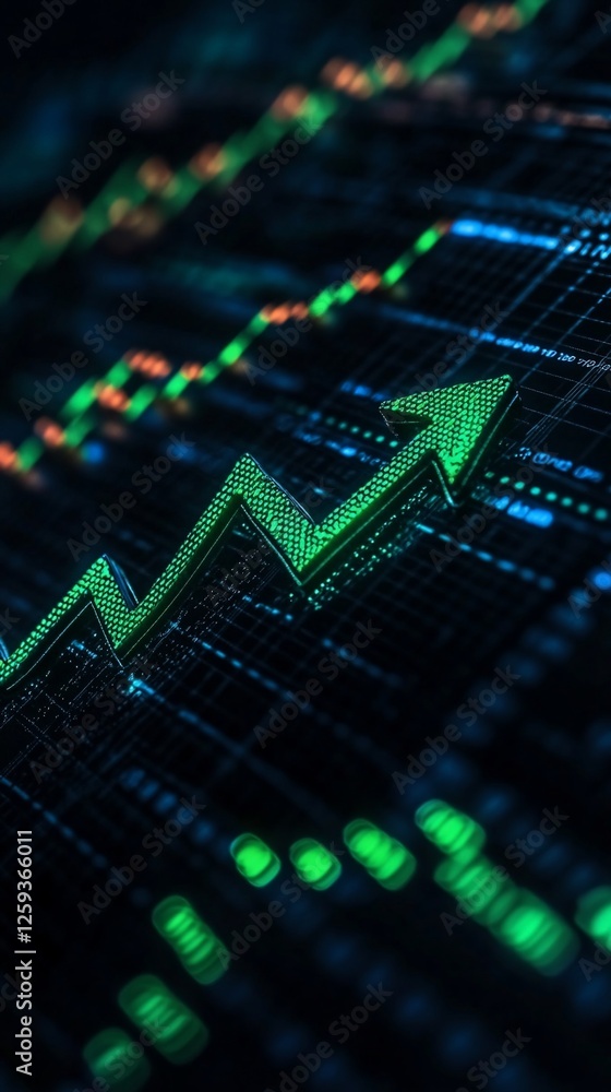 Green arrow rising on stock market chart at night Green arrow rising on stock market chart at night