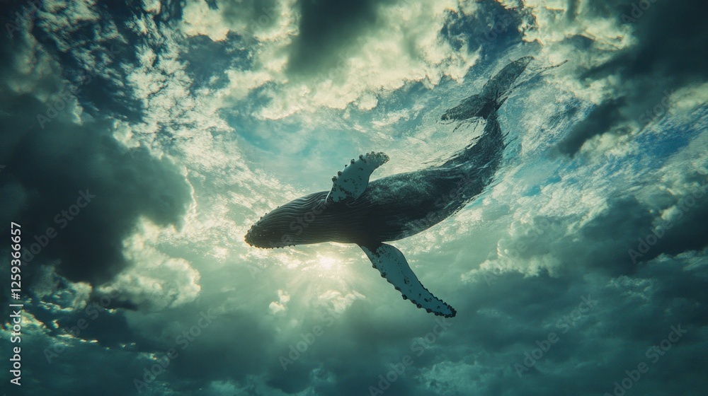 Fototapeta premium Whale swimming beneath stormy clouds. Ocean wildlife, nature scene