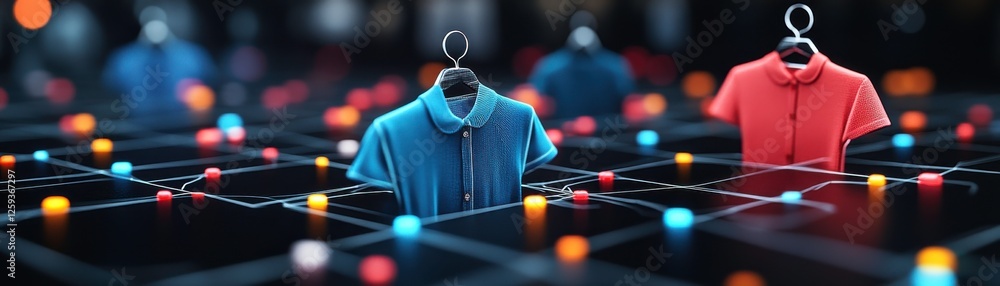 A vibrant display of hanging shirts in blue and red, set against a backdrop of colorful lights, creating a dynamic and modern shopping atmosphere. A vibrant display of hanging shirts in blue and red, set against a backdrop of colorful lights, creating a dynamic and modern shopping atmosphere.