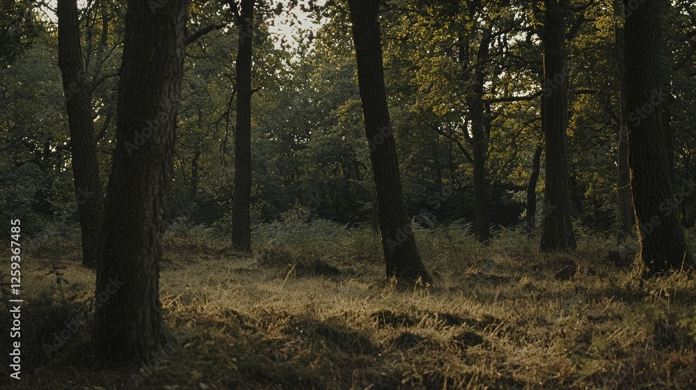 Fototapeta premium Serene forest landscape with tall trees, soft sunlight filtering through leaves, and a tranquil atmosphere