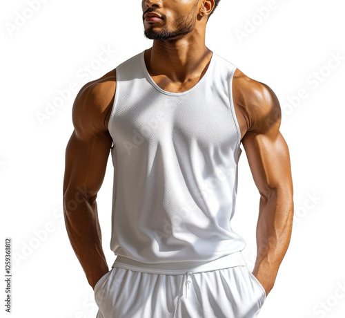 Athletic man in white sleeveless shirt, showcasing strong physique and confidence photo