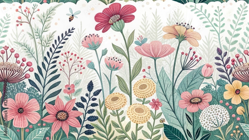 custom made wallpaper toronto digitalWhimsical Floral Garden Background, Hand Drawn Flower Landscape, Fantasy Garden Illustration, Botanical Art Print, Spring Summer Nature Wallpaper
