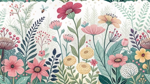 Wallpaper Mural Whimsical Floral Garden Background, Hand Drawn Flower Landscape, Fantasy Garden Illustration, Botanical Art Print, Spring Summer Nature Wallpaper Torontodigital.ca