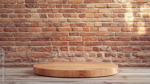 Fototapeta Naklejka Na Ścianę i Meble -  Empty wooden podium on a brick wall background for product presentation mock-up, with copy space.