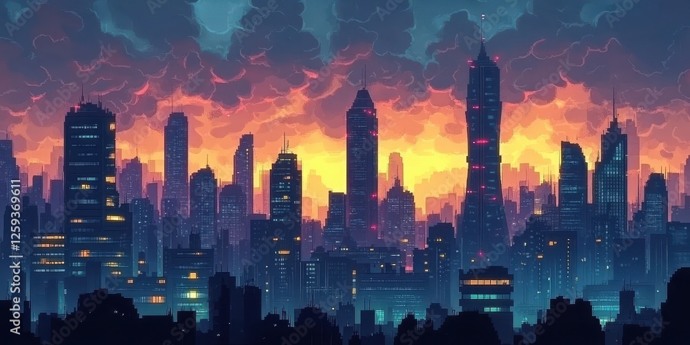 Fototapeta premium Vivid cityscape featuring towering buildings against a colorful twilight sky