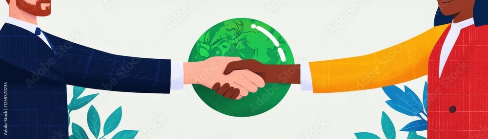 Two professionals shaking hands over a green globe, symbolizing unity. Two professionals shaking hands over a green globe, symbolizing unity.