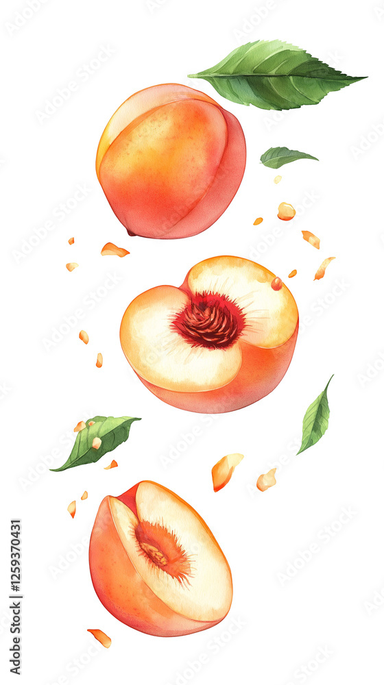 Naklejka premium flying Sliced Ripe peaches with leaf isolated on transparent white background, clipping path