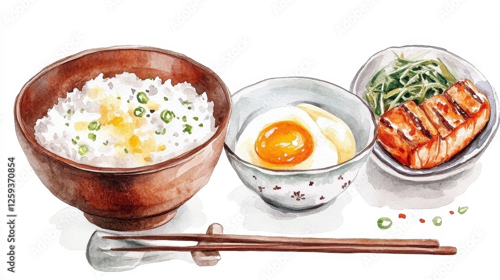 A stylish Japanese breakfast set, miso soup, rice, grilled fish, eggs, watercolor illustration, delicate, isolated on white background.