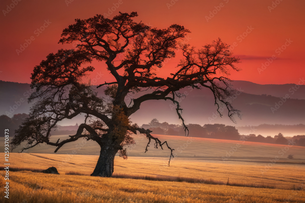 Obraz premium Majestic tree silhouette against vibrant sunset sky over fields
