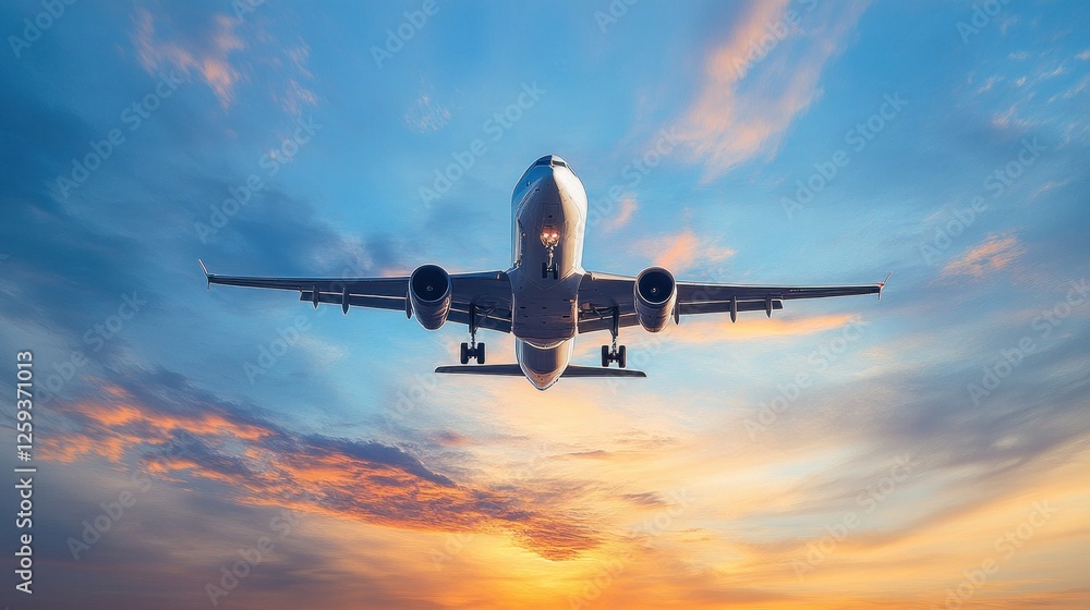 Airplane descending through sunset cloudscape Airplane descending through sunset cloudscape