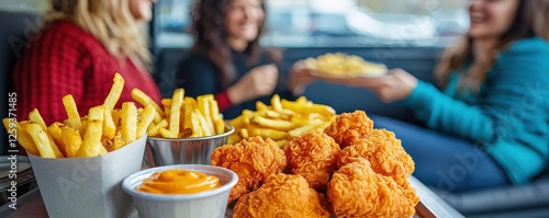 A fried chicken food cart serving crispy tenders, golden fries, and dipping sauces, with friends laughing and sharing meals photo