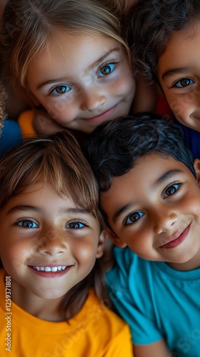 Happy diverse kids huddle, classroom background, education