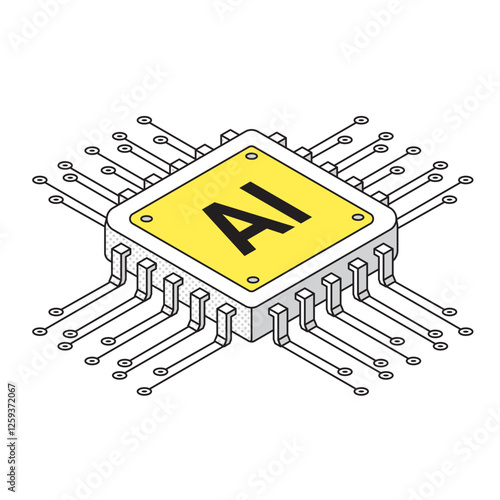 アイソメトリック AIチップのシンプルな線画イラスト