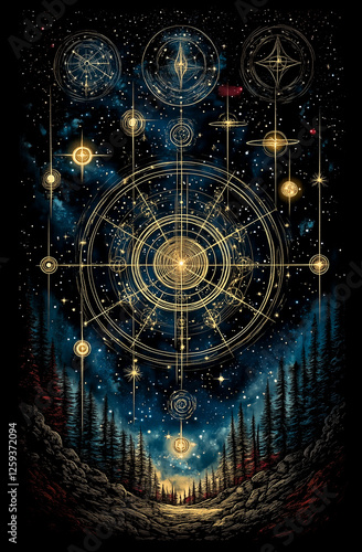 Wallpaper Mural A painting of a starry sky with a large circle in the middle. The circle is surrounded by stars and has a golden glow. The painting evokes a sense of wonder and awe at the vastness of the universe Torontodigital.ca