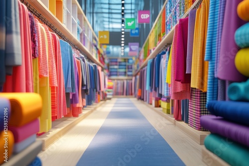 A vibrant fabric store aisle showcasing colorful textiles and rolls, inviting creativity and inspiration for sewing projects.