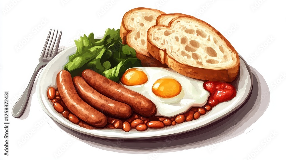 A traditional full English breakfast, sausages, eggs, beans, toast, detailed realism, high contrast, isolated on white background