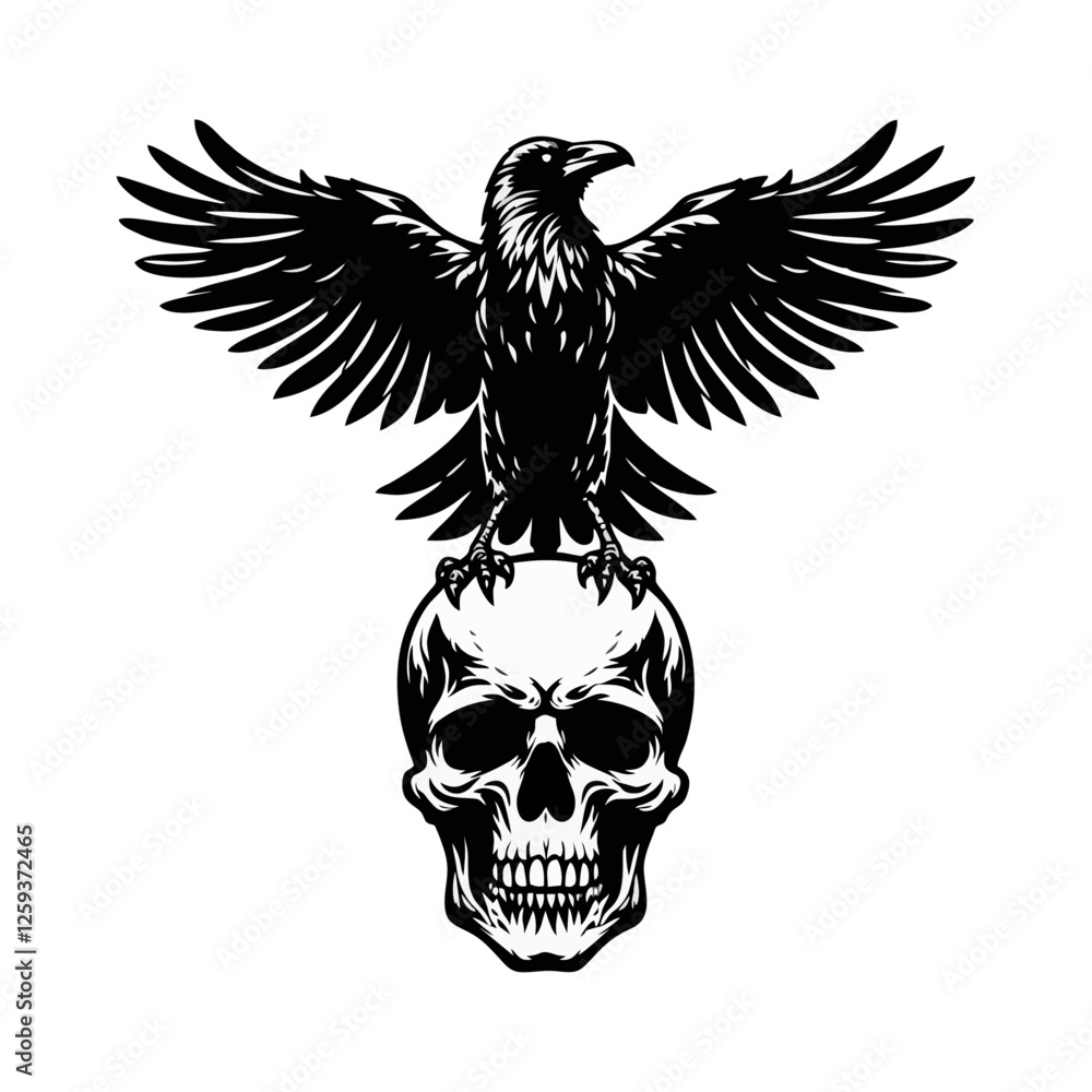 Fototapeta premium Raven skull silhouette black icon on white background