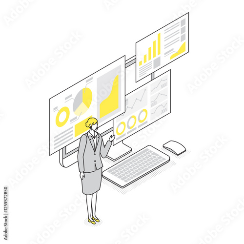 ウェブマーケティングをプレゼンするビジネスウーマンのアイソメトリックイラスト