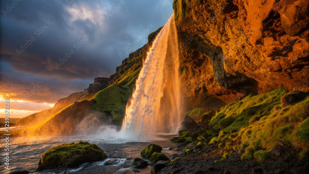 Fototapeta premium Majestic waterfall cascading over golden cliffs into azure waters, surrounded by lush greenery