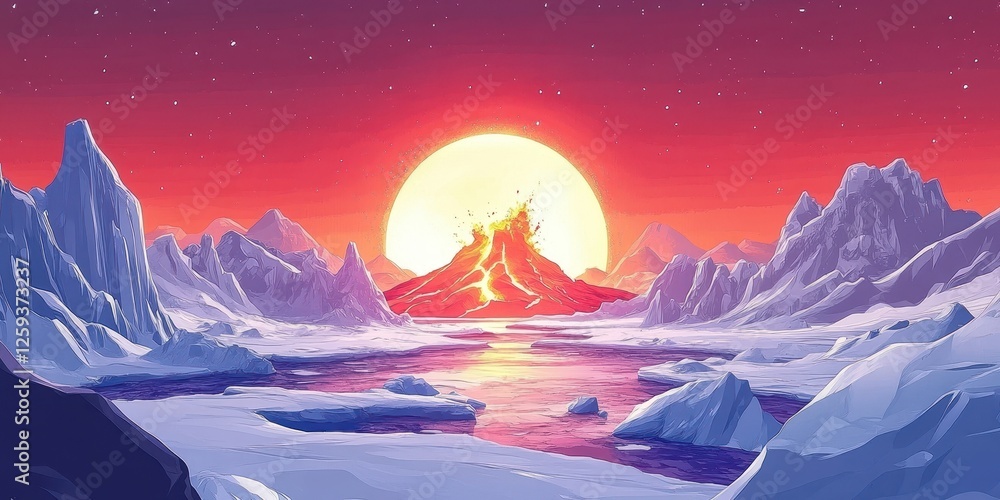 Fototapeta premium Volcanic eruption with a glowing sun over snowy landscape