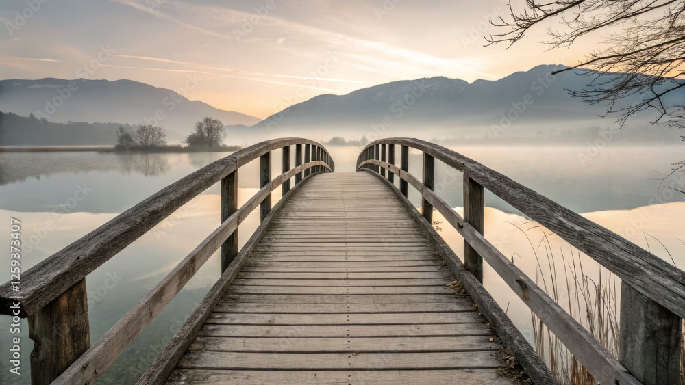 Naklejka premium serene wooden bridge over calm lake at sunrise, surrounded by mountains